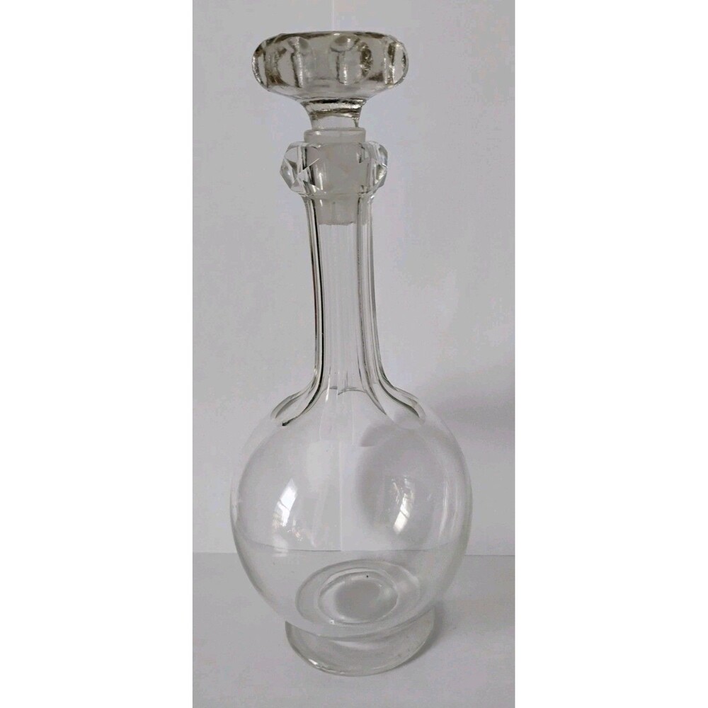 Vintage Clear Glass Wine Decanter with Faceted Glass Stopper Barware 8"